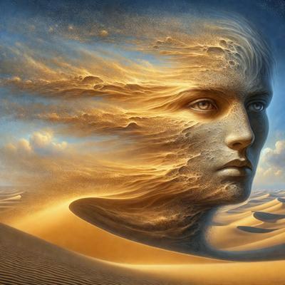 The primary subject of the image is a close-up of a person's face, with a focus on the eyes and mouth. The setting is a desert landscape, with sand and a cloudy sky visible in the background. The visual style is a combination of digital art and illustration, creating a surreal and artistic atmosphere. The colors in the image are predominantly warm and earthy tones, such as orange, brown, and beige, which contribute to the overall mood of the scene.